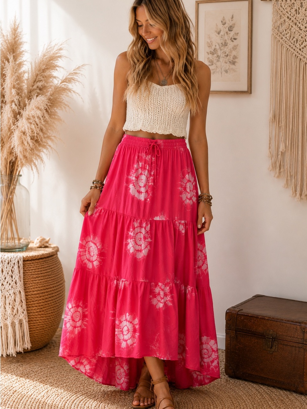 Knox Rose Bright Pink Tie-Dye Tiered Midi Skirt